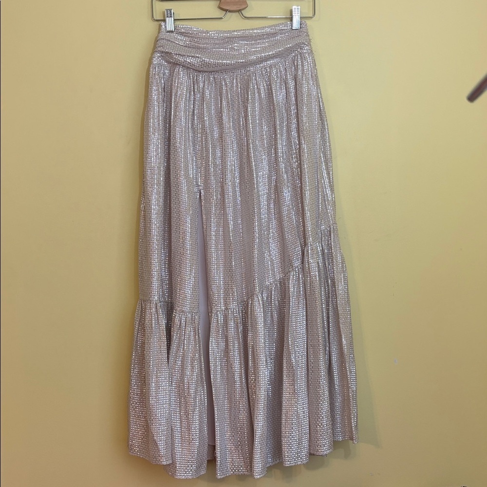Ramy Brook | Luxe Jessie Pink Shimmer Metallic Split Front Ruffle Maxi Skirt 2 - Picture 3 of 17